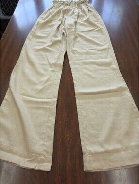 Simply Blessed Linen Blend Wide Leg Pants S Khaki Paperbag Waist Coastal Boho